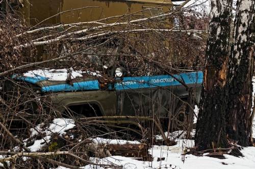 ロシアの森に放置された軍用車両の写真