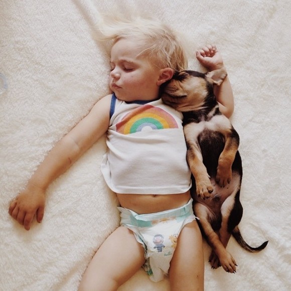 幼い子犬と幼い息子の友情の記録写真