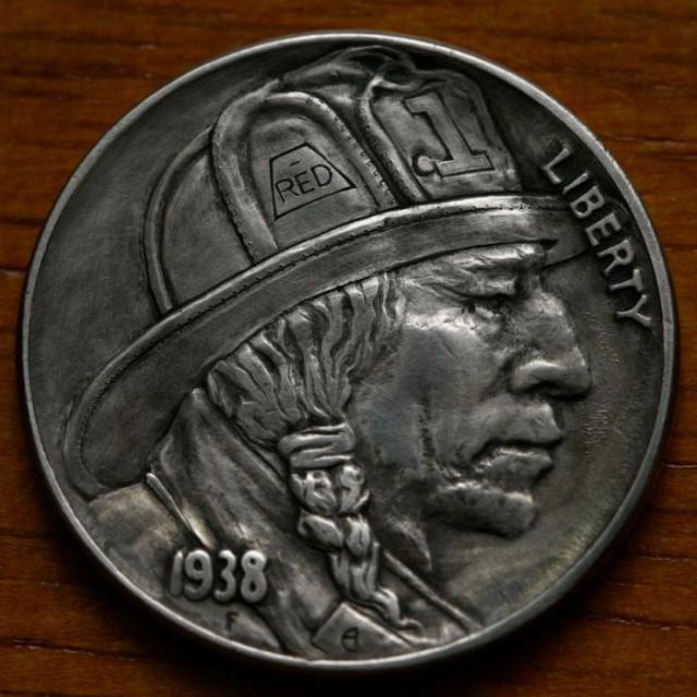 5セント硬貨を彫刻した作品、ホーボー・ニッケルの写真